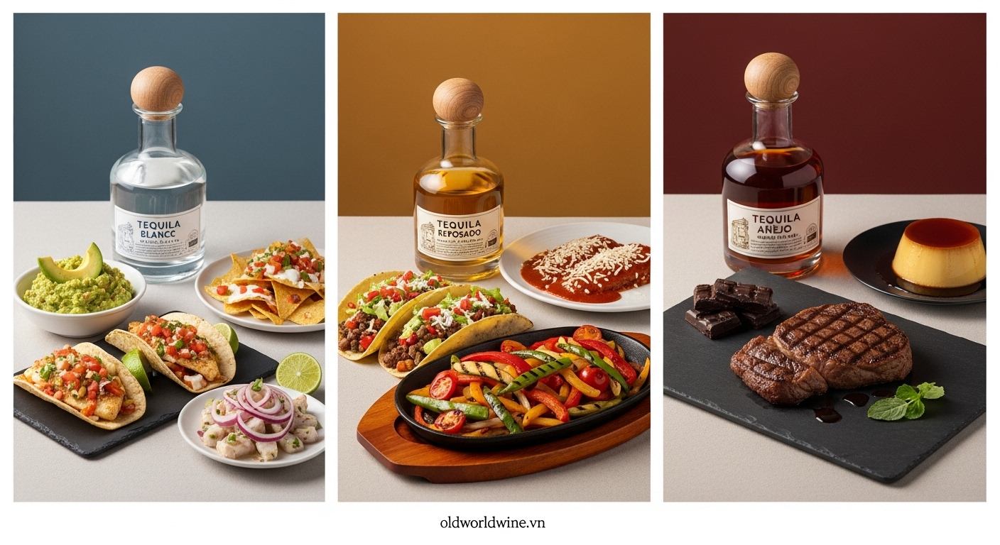 Hình ảnh ba phong cách Tequila Blanco, Reposado và Añejo kết hợp với ẩm thực Mexico như tacos, ceviche, sô cô la đen và flan – minh họa sự hòa quyện tự nhiên giữa rượu và món ăn bản địa.