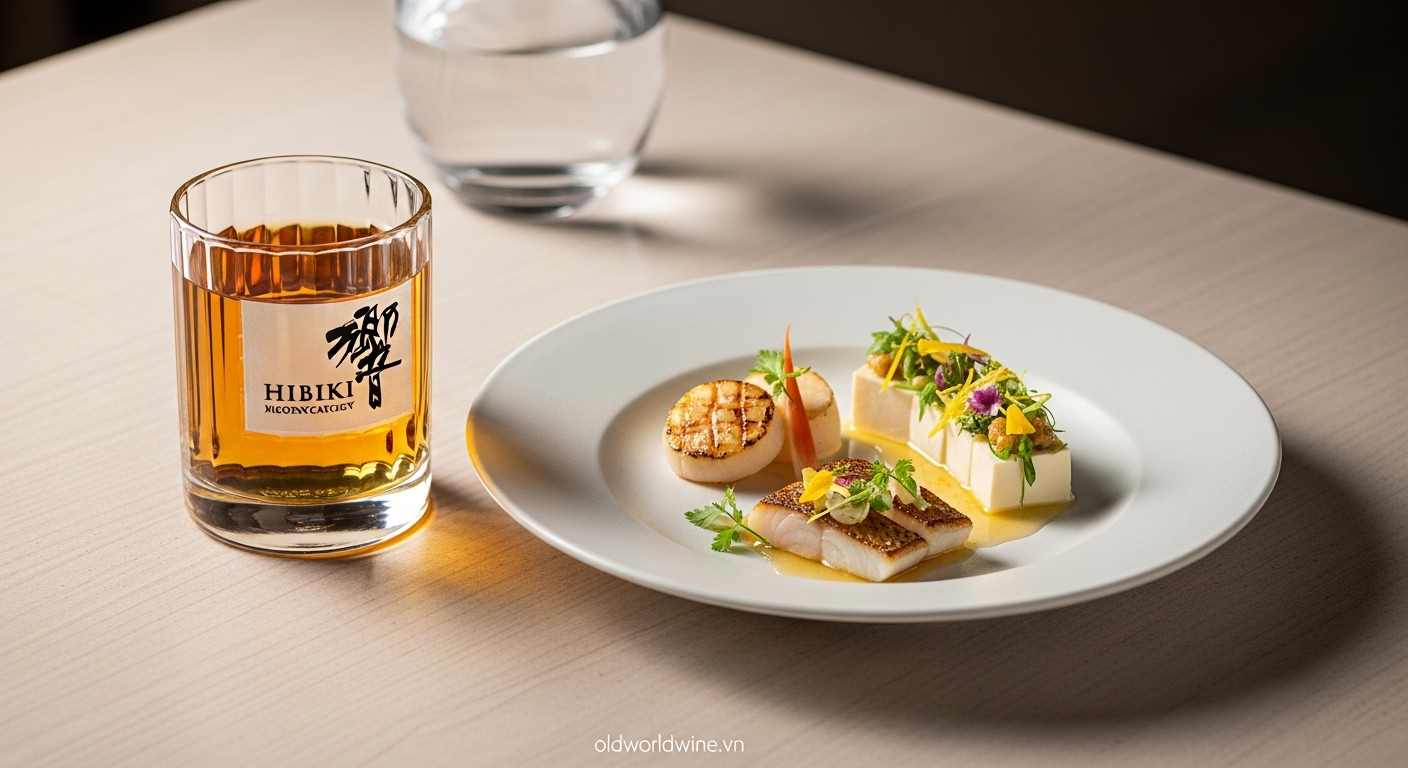 Hình ảnh pairing giữa whisky Hibiki và món ăn Nhật tinh tế như sò điệp nướng hoặc cá áp chảo nhẹ, được trình bày tối giản bên ly whisky Glencairn, thể hiện sự hài hòa và bổ sung hương vị giữa rượu và ẩm thực cao cấp.