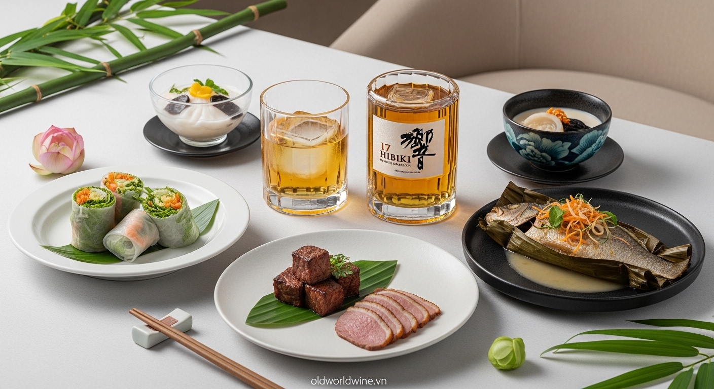 Hình ảnh pairing Hibiki whisky với món ăn Việt như gỏi cuốn, cá hấp, bò lúc lắc và chè khúc bạch, được trình bày tinh tế trên bàn ăn hiện đại, thể hiện sự kết hợp hài hòa giữa tinh thần Nhật Bản và ẩm thực Việt Nam thanh đạm.