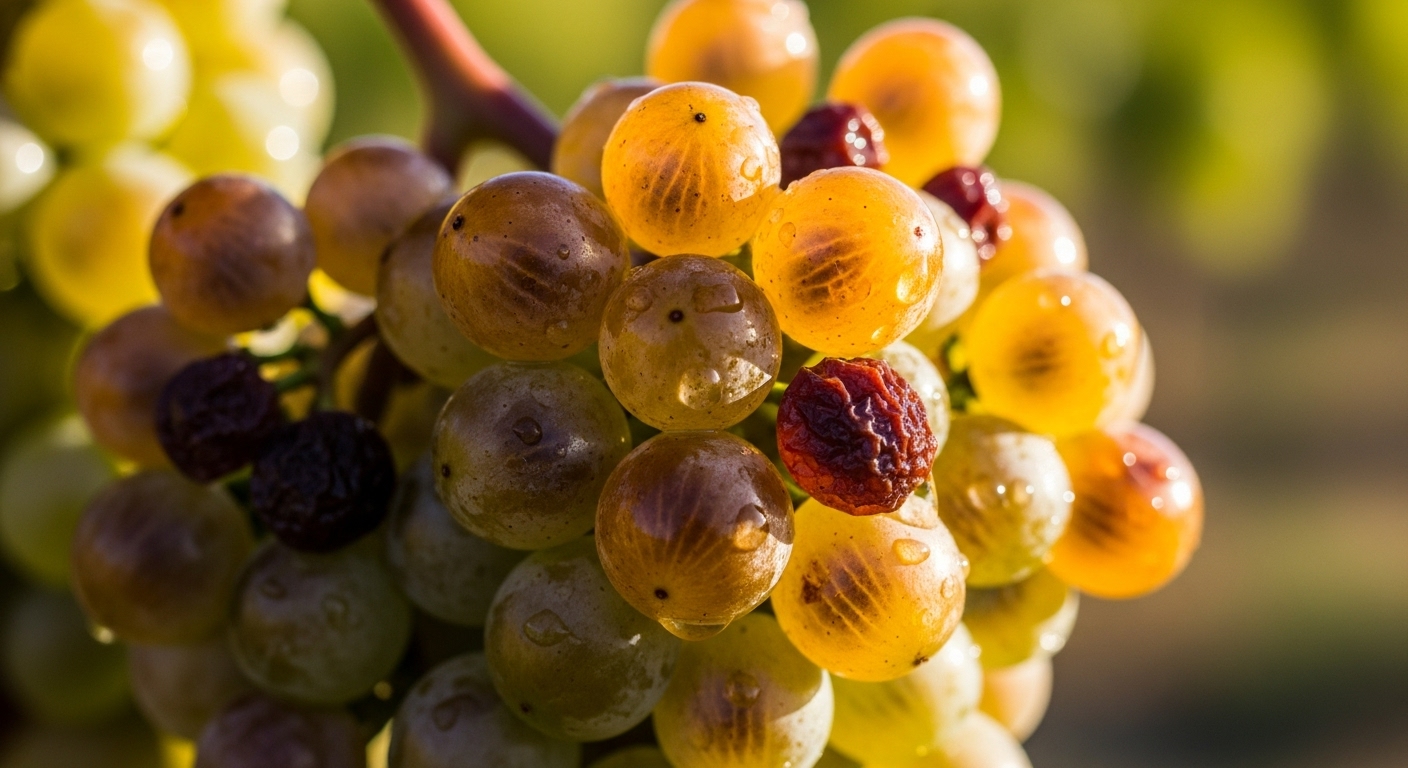 Chùm nho Petit Manseng đang khô héo trên cây (passerillage) tại Jurançon