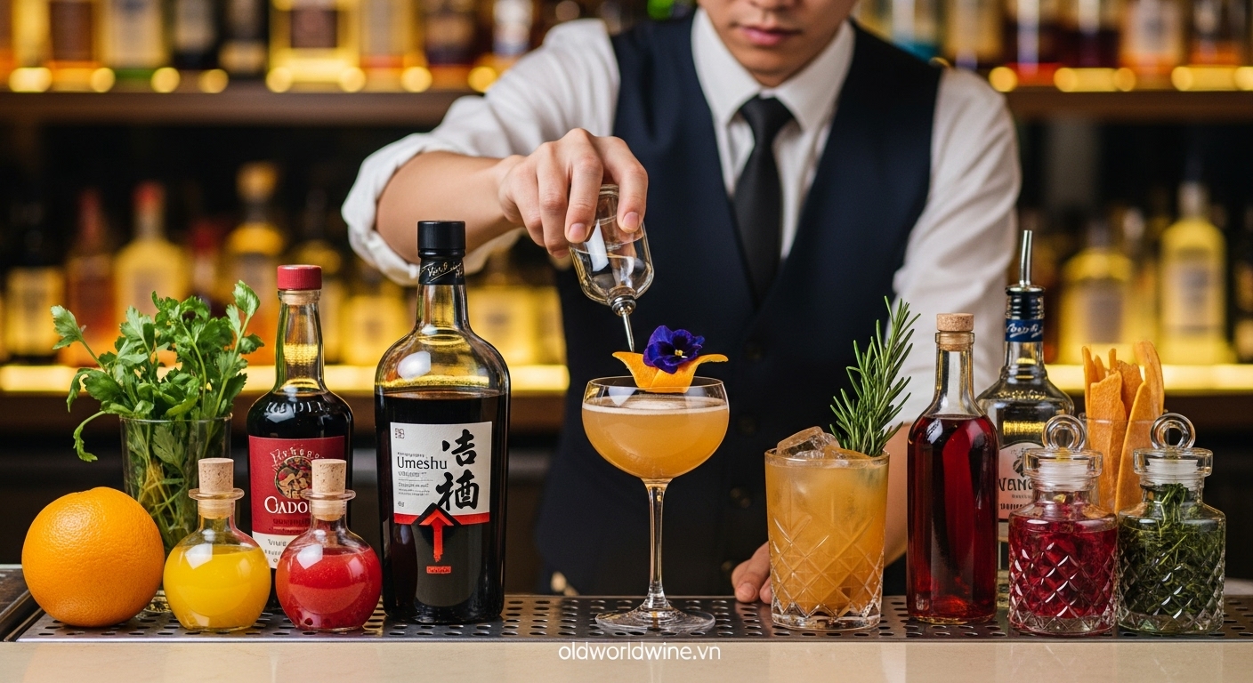 Bartender pha chế cocktail sáng tạo với rượu mơ Nhật Umeshu, kết hợp cùng rượu mạnh, nước ép trái cây và rượu mùi thảo mộc, tạo nên ly đồ uống độc đáo và phong cách hiện đại.