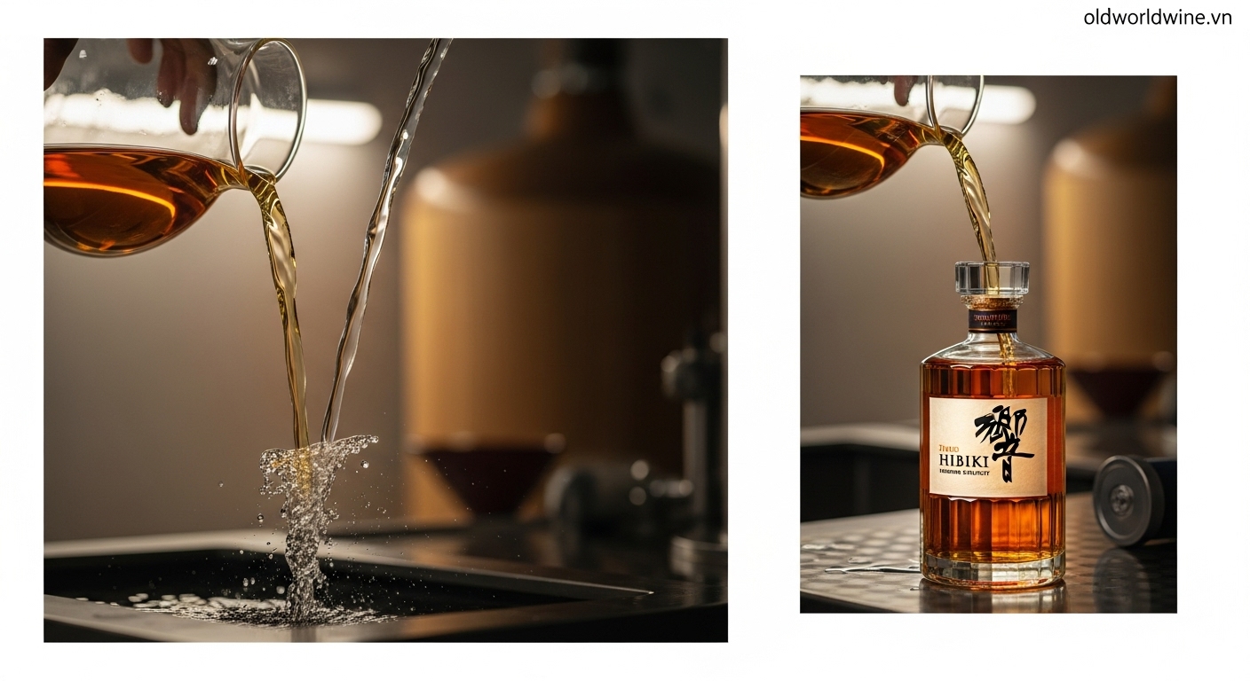 Hình ảnh mô tả giai đoạn pha loãng và đóng chai whisky Hibiki, với dòng whisky màu hổ phách được hòa vào nước tinh khiết và chảy vào chai thủy tinh sang trọng, thể hiện sự hoàn thiện cuối cùng của quá trình sản xuất whisky Nhật Bản.