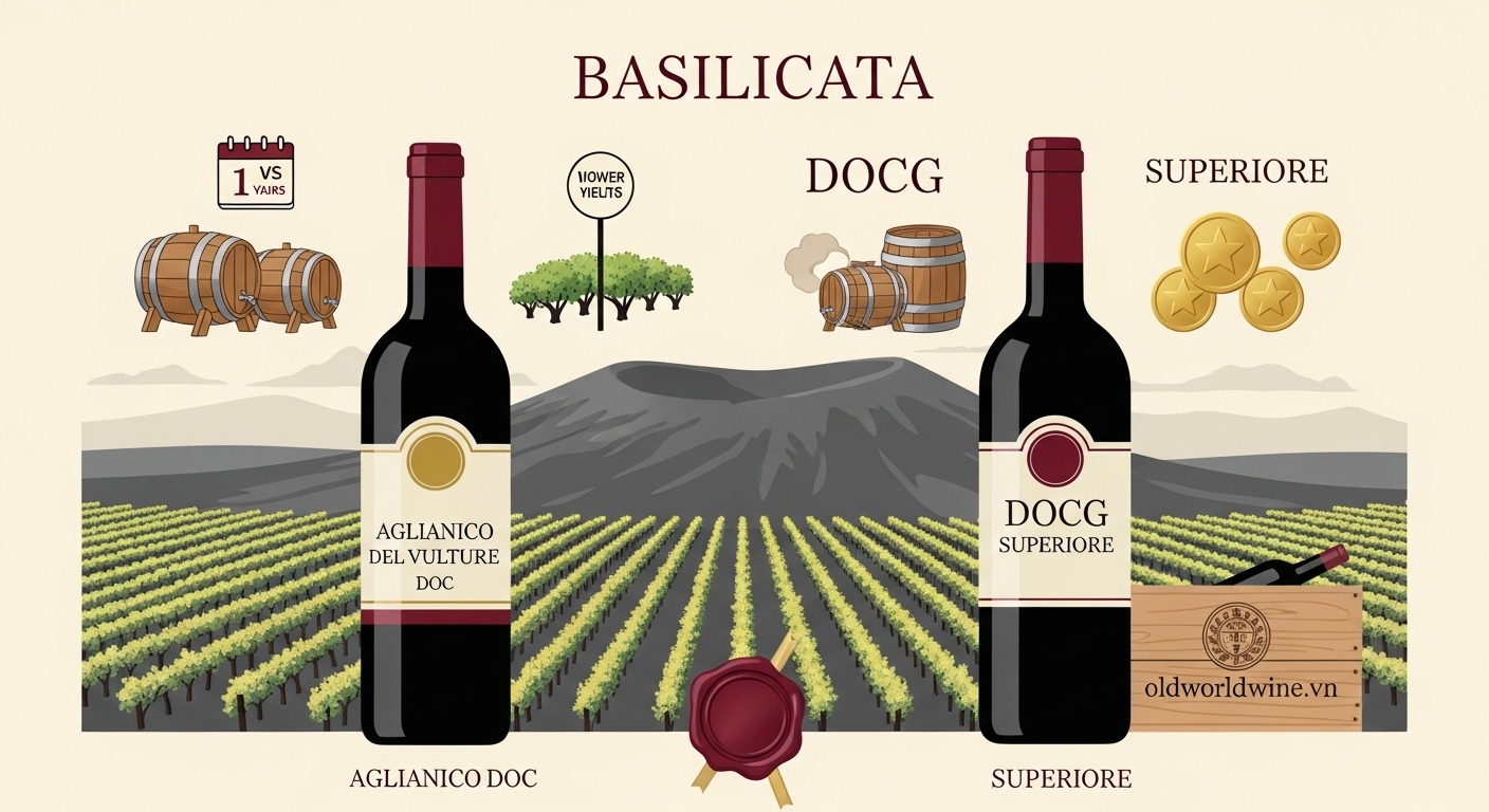 Phân biệt rượu vang Aglianico del Vulture DOC và DOCG Superiore tại Basilicata