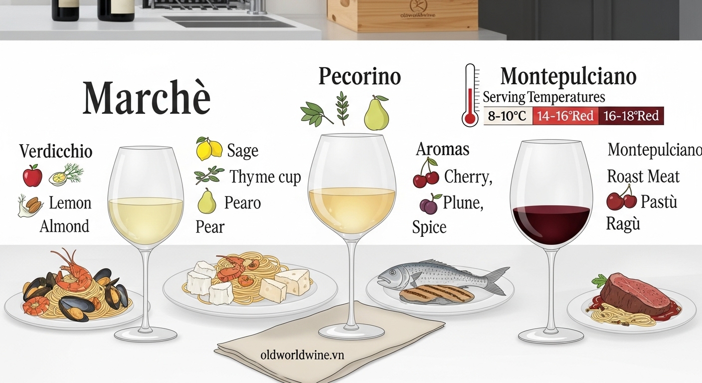 Minh họa phong cách hương vị và món ăn phù hợp với rượu vang Marche – Ý, bao gồm Verdicchio, Pecorino, Montepulciano và Rosso Piceno