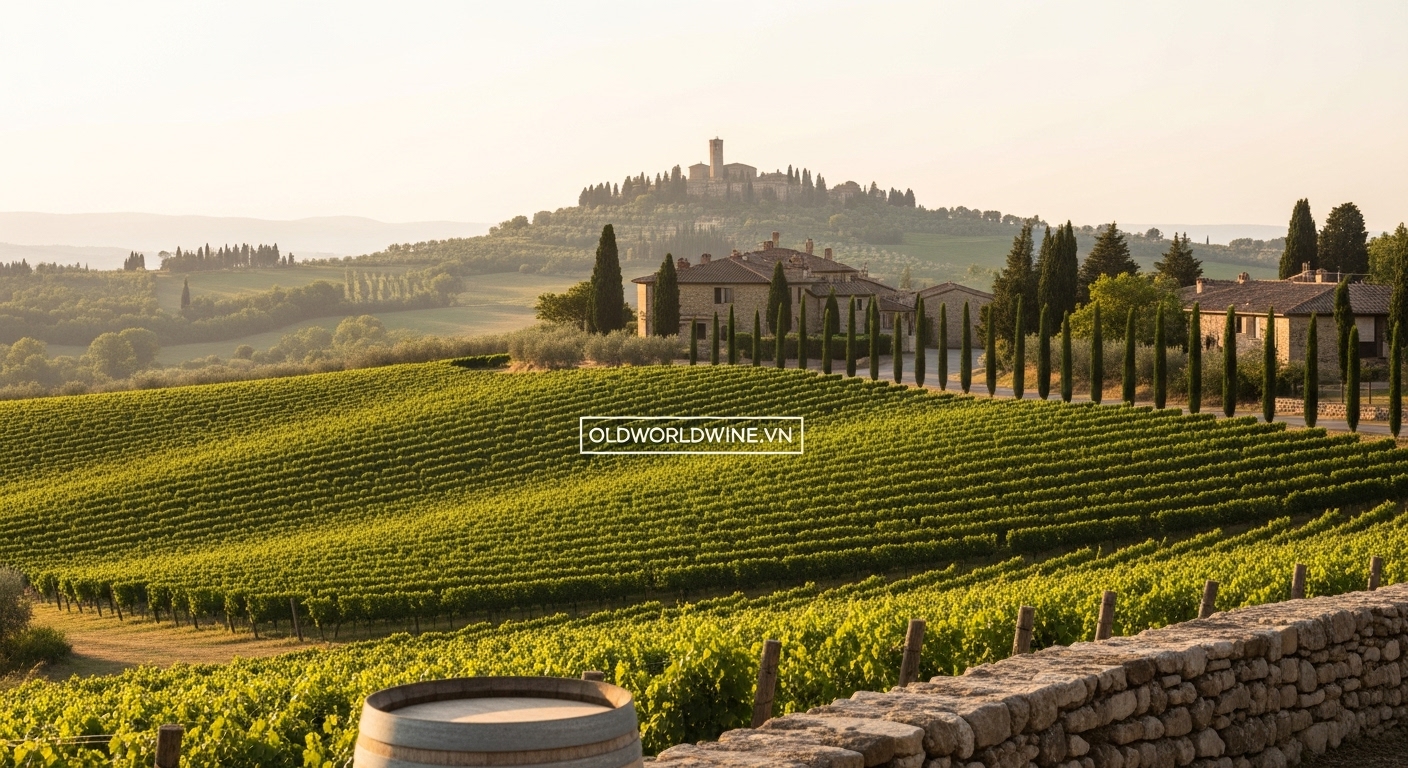 Phong cảnh vùng Tuscany nước Ý với đồi nho, cây bách và làng cổ – ảnh minh họa chuyên đề rượu vang từ oldworldwine.vn