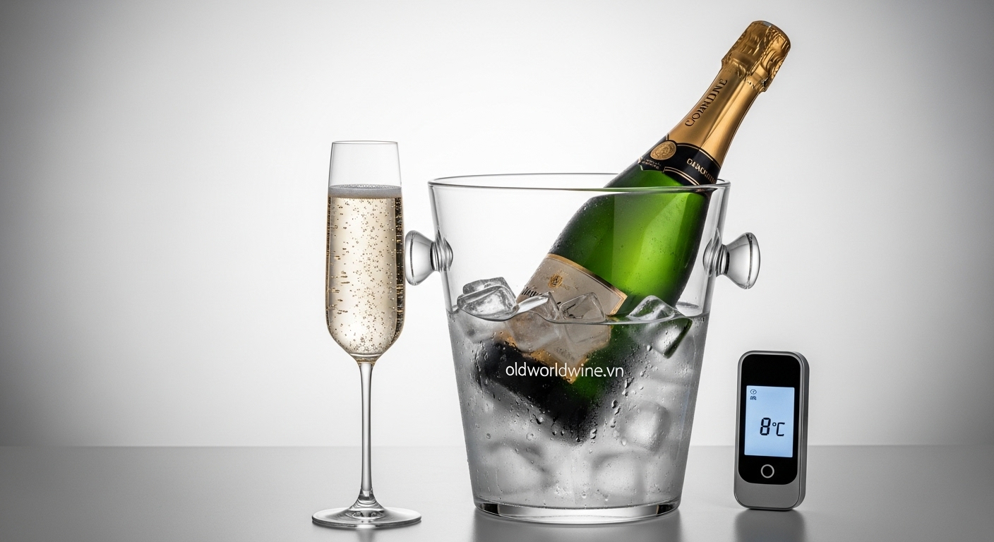 Cách phục vụ Champagne lý tưởng ở nhiệt độ 6–10°C với xô đá và ly flute bọt khí mịn