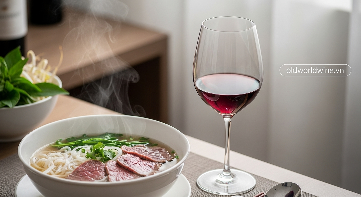 Hình ảnh món phở bò Việt Nam với nước dùng trong và ly rượu vang đỏ Pinot Noir từ Burgundy, thể hiện sự kết hợp thanh lịch và hài hòa vị giác.