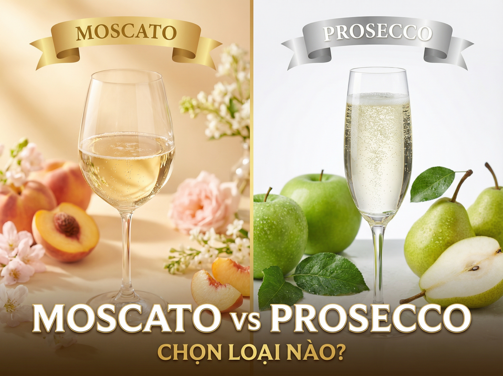 So sánh rượu Moscato và Prosecco: Moscato ngọt nhẹ, dễ uống; Prosecco sủi mạnh, thanh và phù hợp khai tiệc.