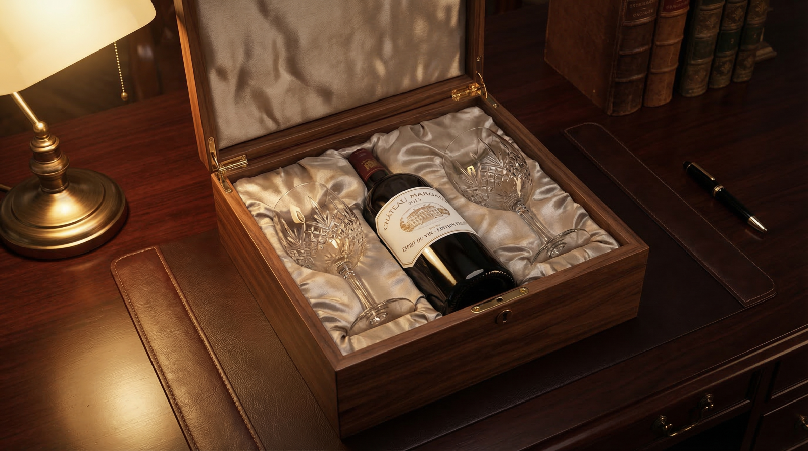 Quà tặng rượu vang doanh nghiệp cao cấp đặt trong hộp gỗ sang trọng.