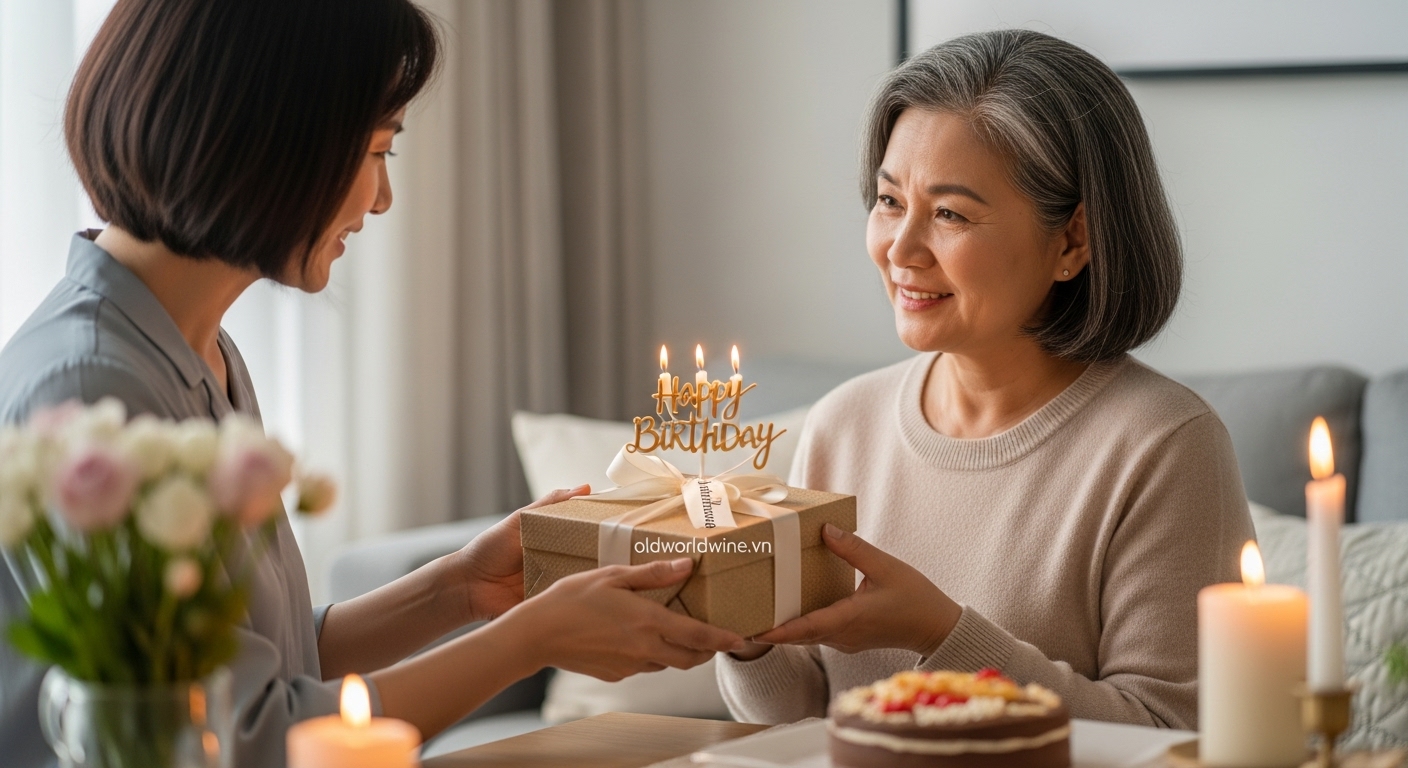Hình ảnh người con tặng quà sinh nhật cho mẹ trong không gian ấm cúng, thể hiện tình cảm, lòng biết ơn và sự gắn kết gia đình trong dịp đặc biệt.