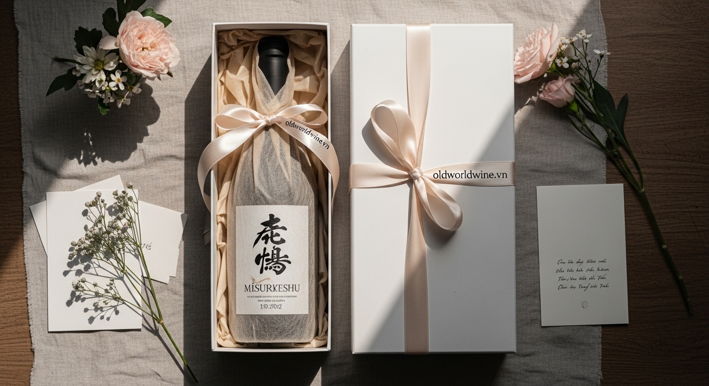 Hình ảnh chai rượu vang hoặc rượu mơ Nhật được đóng gói tinh tế làm quà sinh nhật cho mẹ, thể hiện gu thẩm mỹ nhẹ nhàng và sự quan tâm sâu sắc.