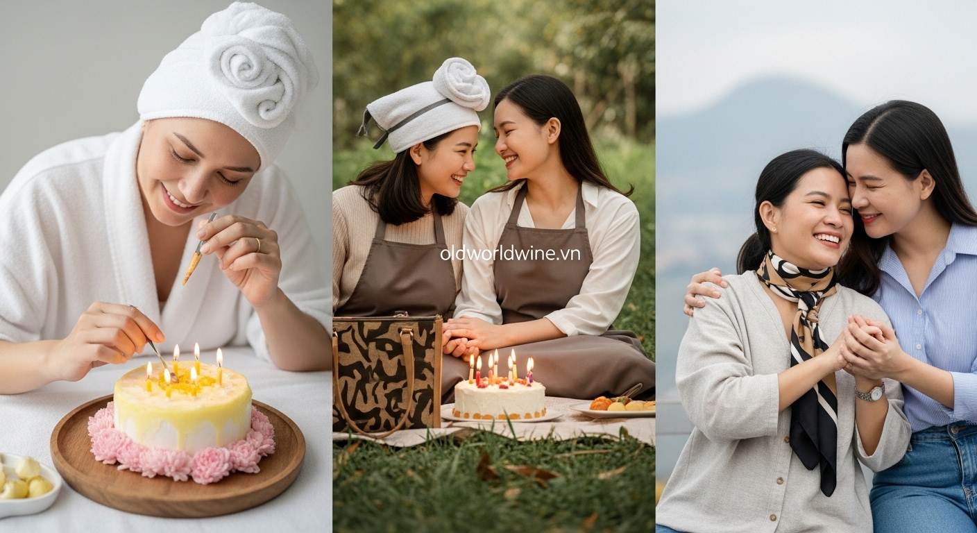 Hình ảnh mẹ và con cùng tận hưởng trải nghiệm sinh nhật ý nghĩa như đi dã ngoại, spa hoặc du lịch, thể hiện tình cảm gắn bó và tạo nên những kỷ niệm đáng nhớ.