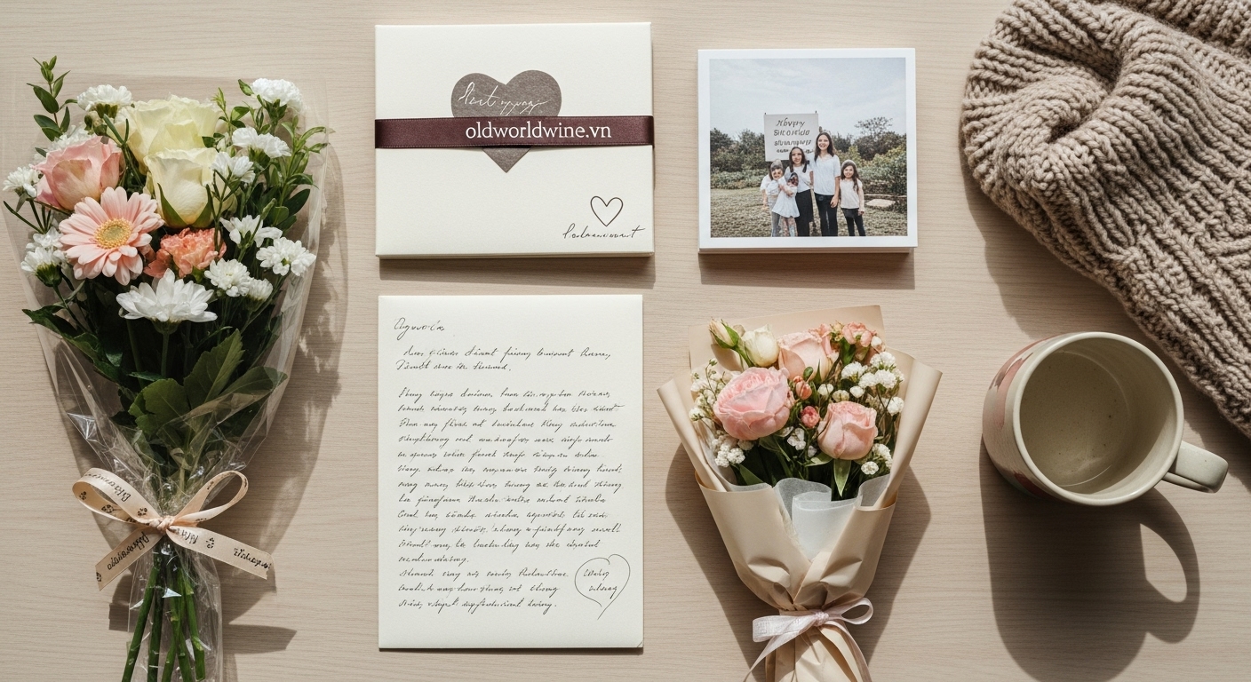 Hình ảnh quà tặng tinh thần cho mẹ như thư tay, hoa tươi, album ảnh và đồ handmade, thể hiện tình cảm chân thành và sự gắn kết gia đình vượt thời gian.