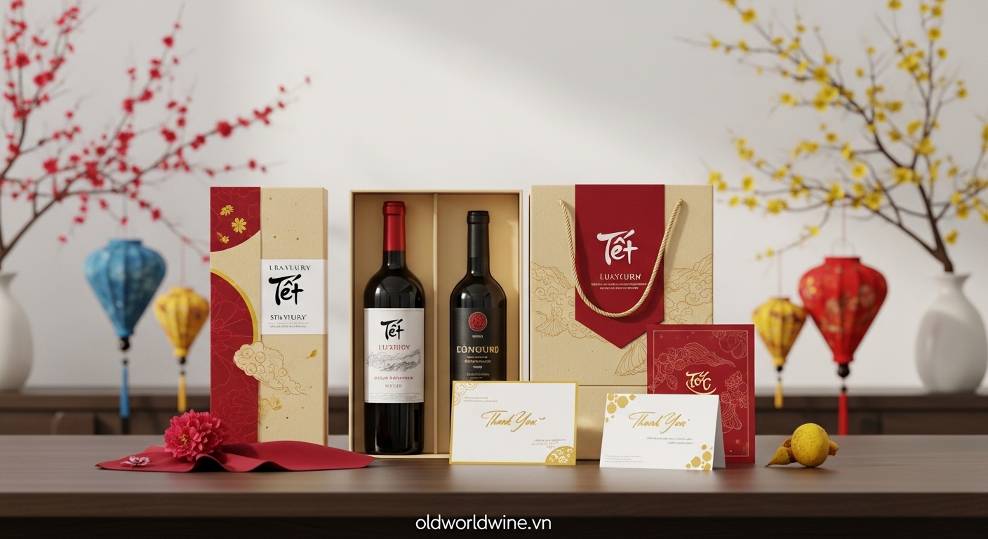 Set quà Tết doanh nghiệp cao cấp với rượu vang nhập khẩu và hộp quà sang trọng, mang đậm dấu ấn chuyên nghiệp và tinh tế