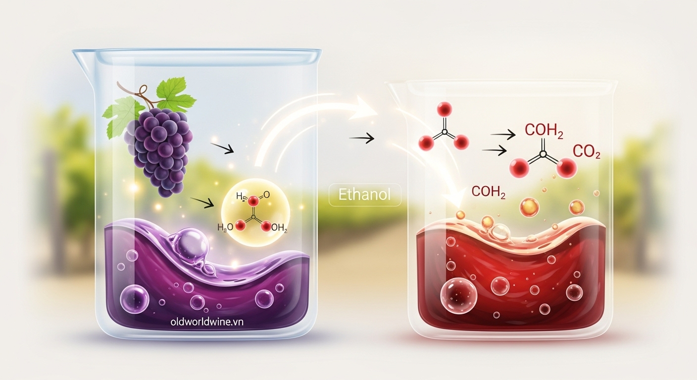 Hình minh họa quá trình lên men rượu vang: nước ép nho trong bình lên men với nấm men Saccharomyces cerevisiae đang hoạt động, chuyển hóa đường thành cồn và CO2.