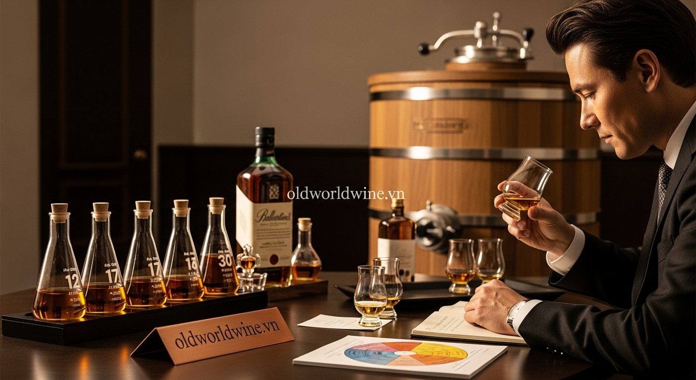 Hình ảnh mô tả nghệ thuật pha trộn whisky Ballantine’s trong phòng lab chuyên nghiệp, với Master Blender đang kiểm tra hương và vị từ các chai whisky có tuổi ủ khác nhau, thể hiện quá trình tạo ra hương vị nhất quán và đặc trưng cho từng dòng Ballantine’s.