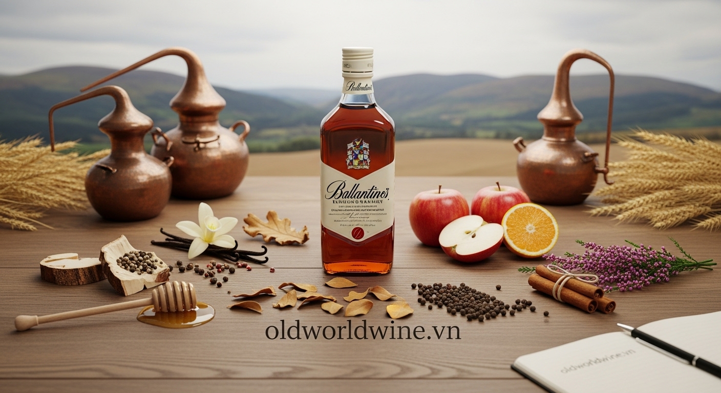Hình ảnh nghệ thuật mô tả quá trình pha trộn whisky Ballantine’s, với chai rượu trung tâm được bao quanh bởi các thành phần hương vị chủ đạo như mật ong, táo đỏ, gỗ sồi và hoa thạch nam, làm nổi bật sự tinh xảo và cân bằng trong hương vị.
