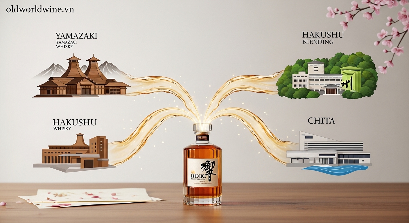 Hình minh họa hiện đại thể hiện quá trình pha trộn whisky Hibiki từ ba nhà máy chưng cất Suntory — Yamazaki, Hakushu và Chita — với dòng whisky ánh vàng hòa quyện vào một chai trung tâm, tượng trưng cho nghệ thuật thủ công Nhật Bản và triết lý Monozukuri.