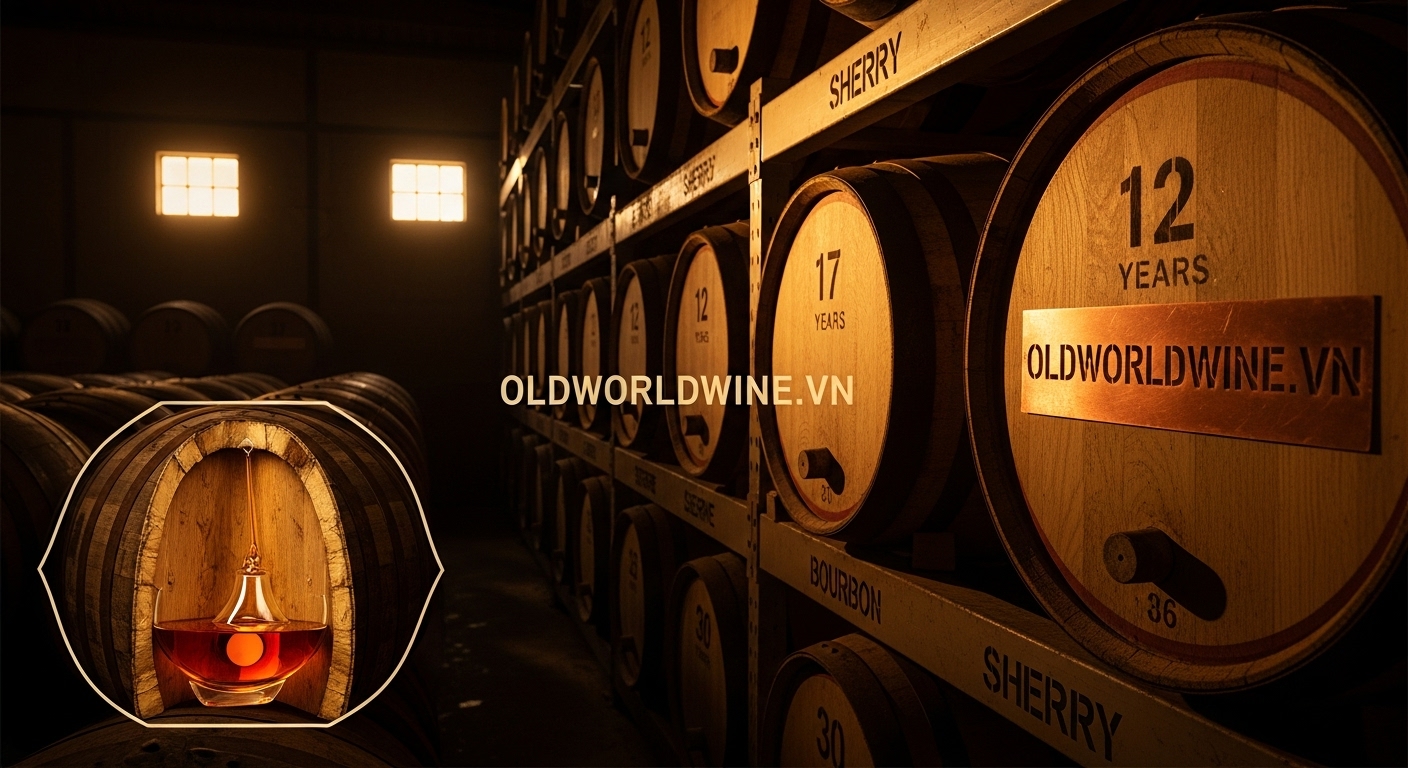 Hình ảnh minh họa quá trình ủ whisky Ballantine’s trong thùng gỗ sồi tại nhà kho Scotland, với ánh sáng vàng dịu chiếu qua các thùng bourbon và sherry, tượng trưng cho sự phát triển hương vị, màu sắc và độ mượt đặc trưng của whisky sau nhiều năm tháng trưởng thành.