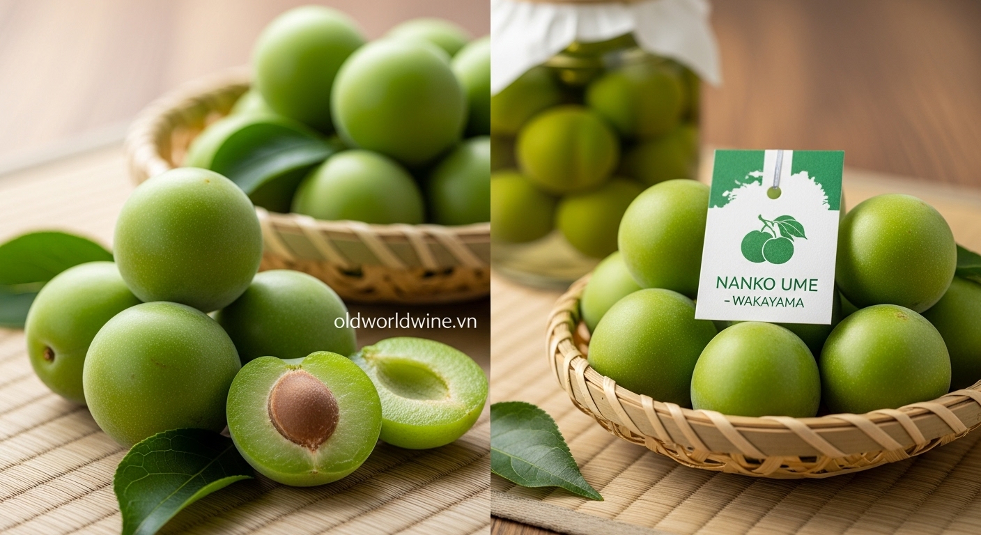 Hình ảnh quả ume xanh Nhật Bản (Prunus mume) trong rổ tre truyền thống, với kết cấu đặc trưng chua – chát, nguyên liệu chính tạo nên hương vị độc đáo cho rượu mơ Umeshu, nổi bật với giống Nanko Ume từ vùng Wakayama.