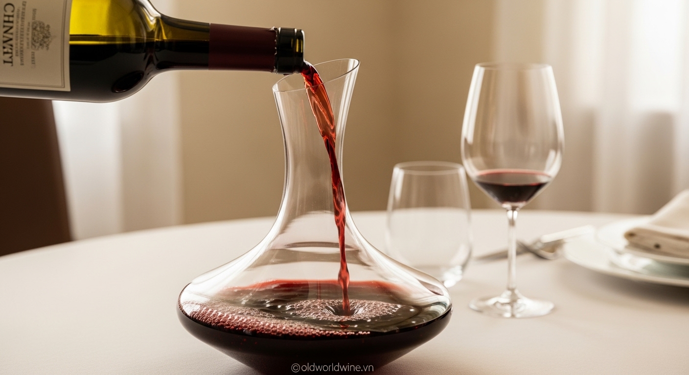 Hình ảnh rót rượu Chianti vào bình decanter, thể hiện quy trình decant giúp làm mềm tannin, giải phóng hương thơm và loại bỏ cặn trong vang cao cấp.