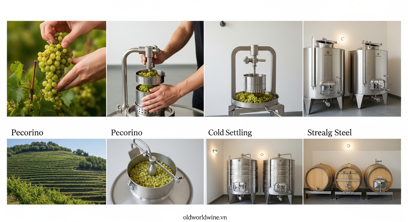 Quy trình sản xuất rượu vang Pecorino với thu hoạch sớm, ép nhẹ và lên men trong thùng thép không gỉ