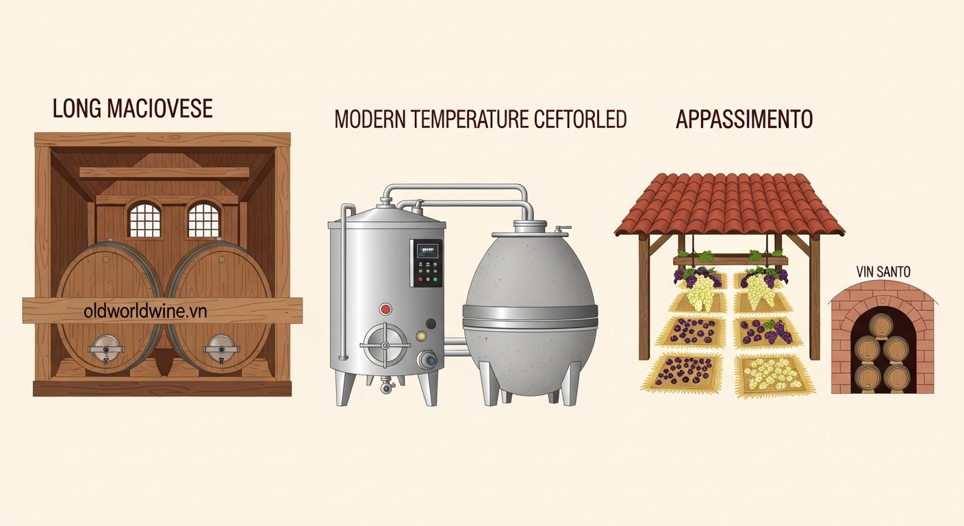 Quy trình sản xuất rượu vang Tuscany kết hợp kỹ thuật truyền thống và hiện đại – ảnh minh họa chuyên nghiệp từ oldworldwine.vn
