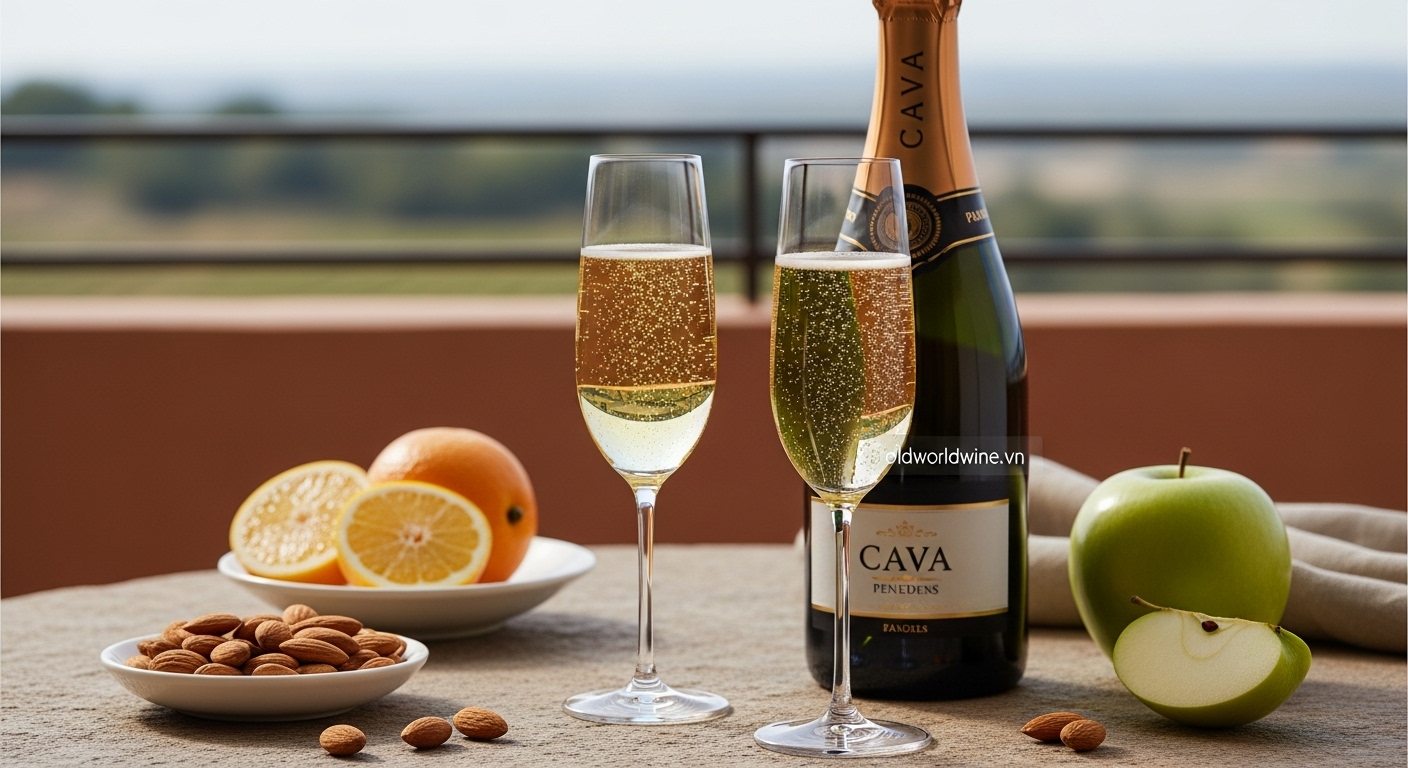 Hình ảnh rượu Cava Tây Ban Nha: chai và ly vang sủi phong cách truyền thống với hương vị trái cây, hạnh nhân, bọt khí mịn và nền đồi nho vùng Penedès.