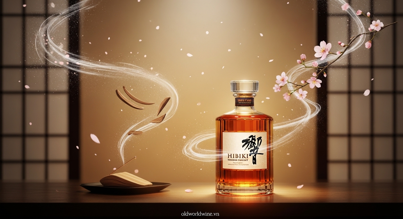 Hình ảnh nghệ thuật tôn vinh rượu Hibiki như một biểu tượng của sự hài hòa và tinh thần Nhật Bản, với chai whisky tỏa sáng giữa không gian mang hơi thở thiền định và những làn hương gợi nhớ đến gỗ đàn hương, hoa anh đào và sự tĩnh tại.