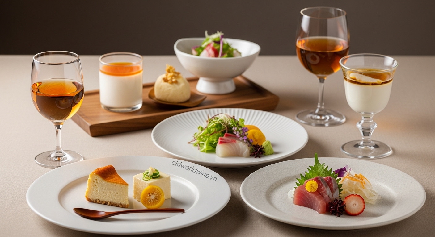Hình ảnh kết hợp rượu mơ Umeshu với món tráng miệng như bánh phô mai, panna cotta và sashimi nhẹ, tạo nên trải nghiệm ẩm thực tinh tế và kích thích vị giác.