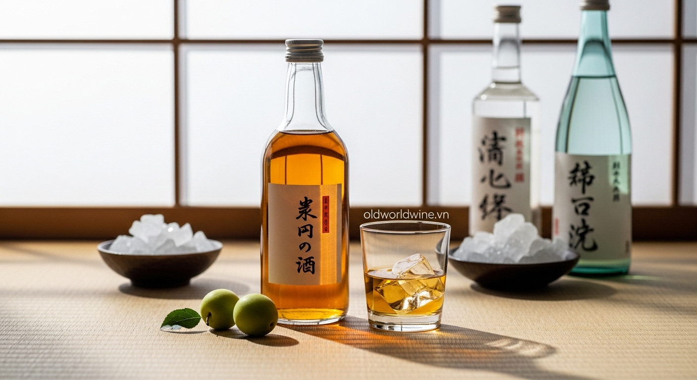 Hình ảnh rượu mơ Nhật Bản Umeshu với ly đá, quả mơ xanh và đường phèn, tái hiện phong cách truyền thống và hương vị đặc trưng của loại rượu hoa quả nổi tiếng xứ Phù Tang.