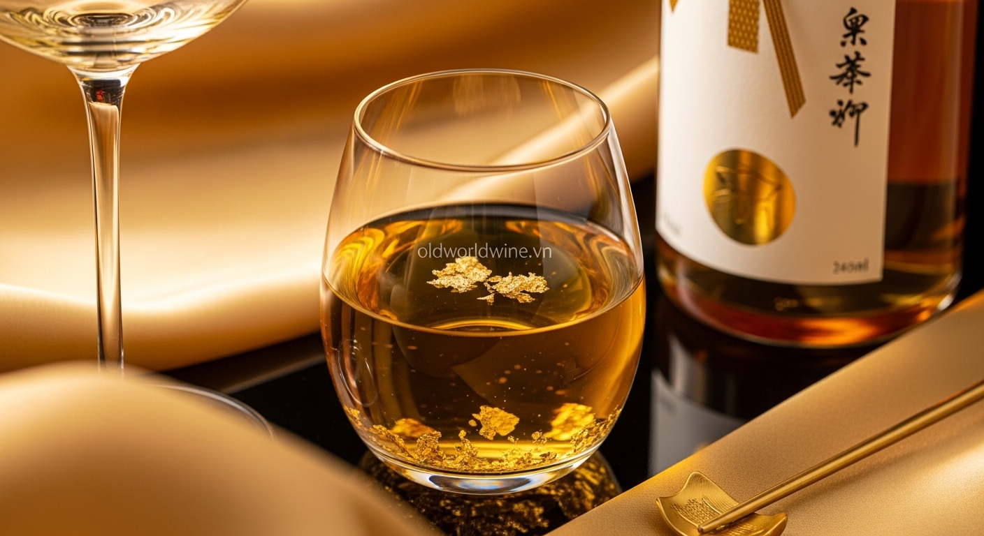Hình ảnh rượu mơ Umeshu cao cấp với vảy vàng 24K lấp lánh trong ly thủy tinh, biểu tượng cho sự sang trọng, may mắn và thích hợp làm quà biếu dịp Tết hoặc lễ kỷ niệm.