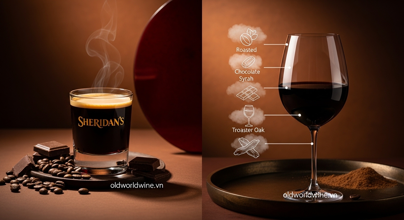 Hình minh họa rượu mùi cà phê và rượu vang đỏ có nốt hương cà phê rang, chocolate và gỗ sồi – oldworldwine.vn