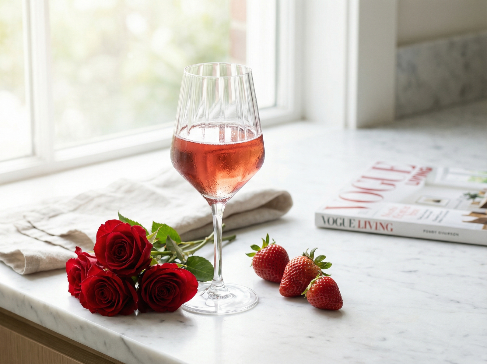 Ly rượu vang đỏ ngọt Brachetto d'Acqui vùng Piedmont Ý cạnh nhánh hoa hồng đỏ.