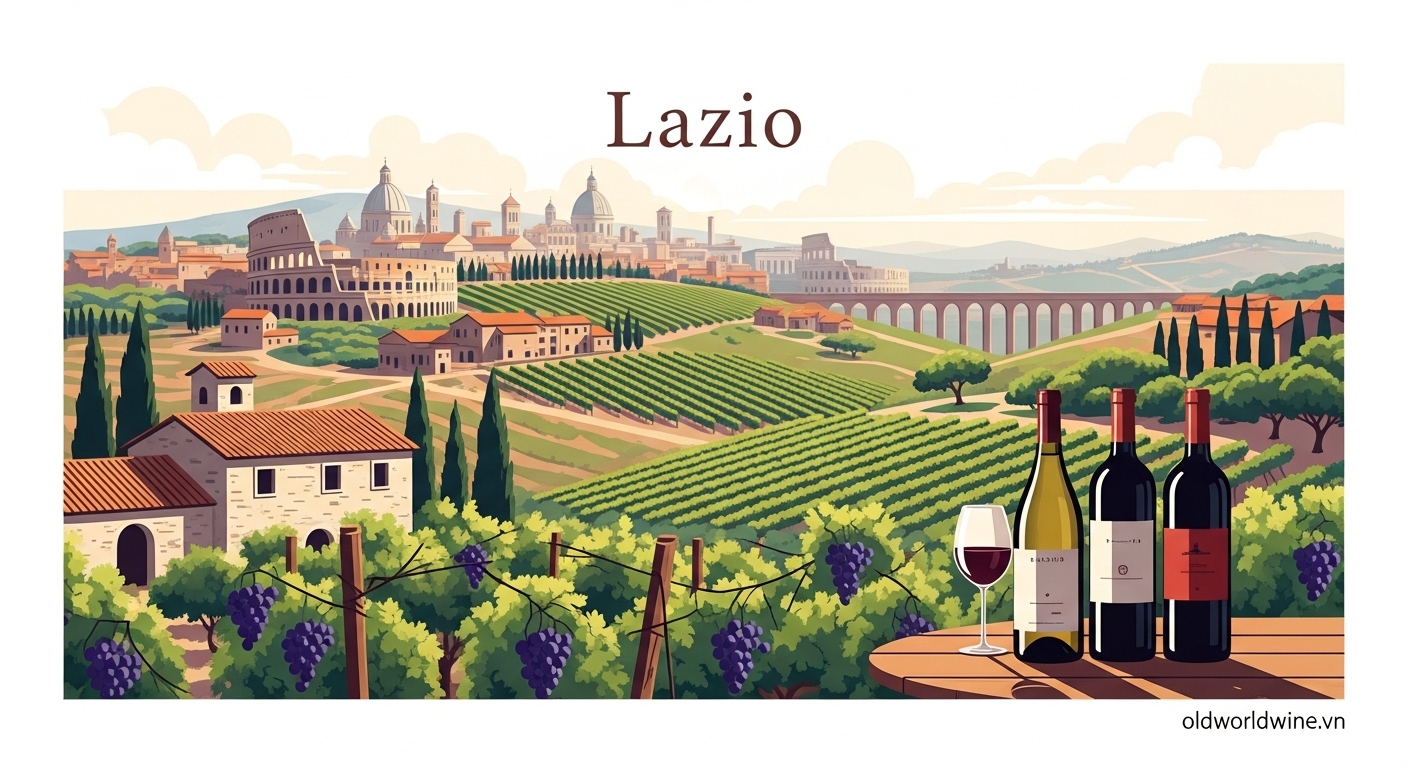 Toàn cảnh vùng rượu vang Lazio – kết hợp di sản lịch sử La Mã và cảnh quan vườn nho trồng Malvasia, Cesanese, với phong cách minh họa hiện đại.