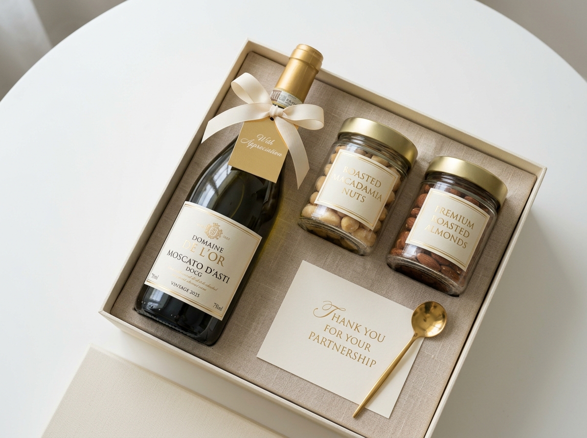 Giỏ quà Tết doanh nghiệp cao cấp kết hợp rượu vang Low-ABV và hạt dinh dưỡng.