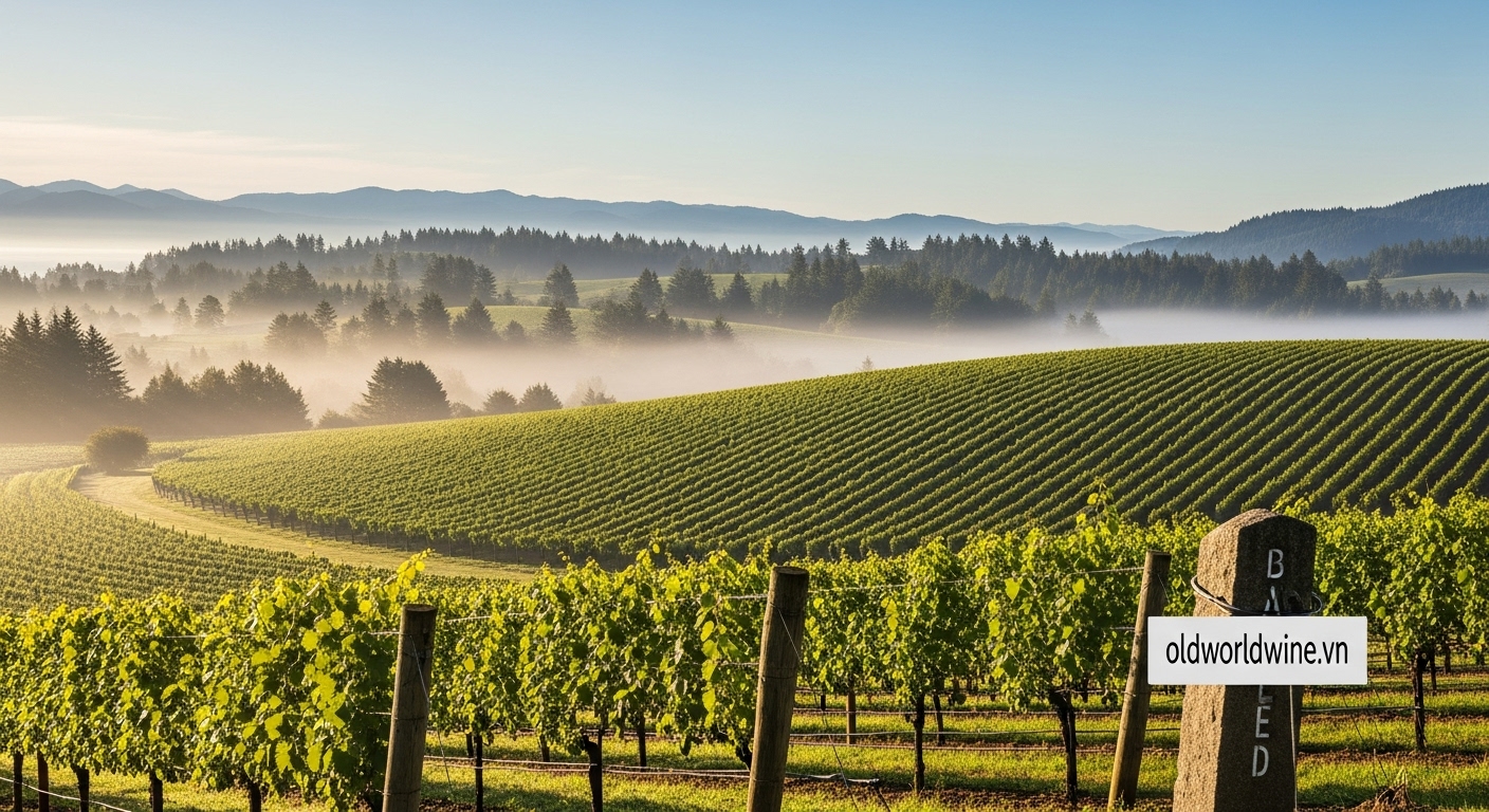 Vườn nho Pinot Noir tại thung lũng Willamette, Oregon trong ánh sáng ban mai dịu nhẹ, biểu tượng terroir rượu vang khí hậu mát.