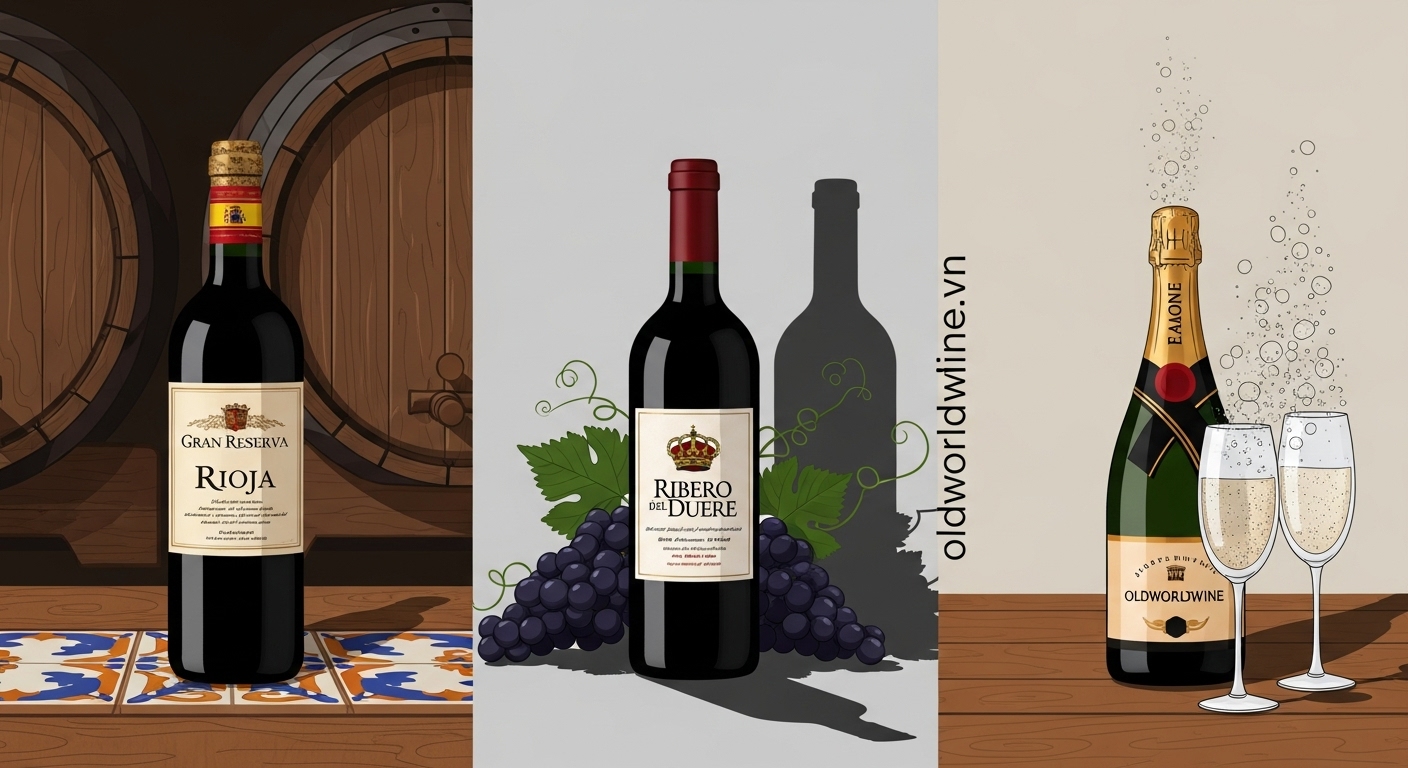Minh họa ba phong cách rượu vang nổi bật của Tây Ban Nha: Rioja Gran Reserva, Ribera del Duero đậm đà và Cava sủi tăm – biểu tượng của truyền thống và sự đa dạng, lý tưởng làm quà tặng sang trọng.