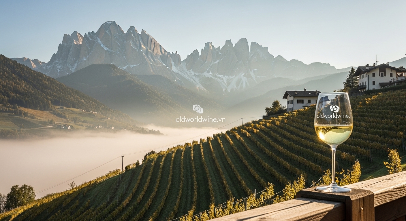 Cảnh đẹp vùng rượu vang Trentino-Alto Adige với vườn nho trên núi và ly vang trắng – oldworldwine.vn