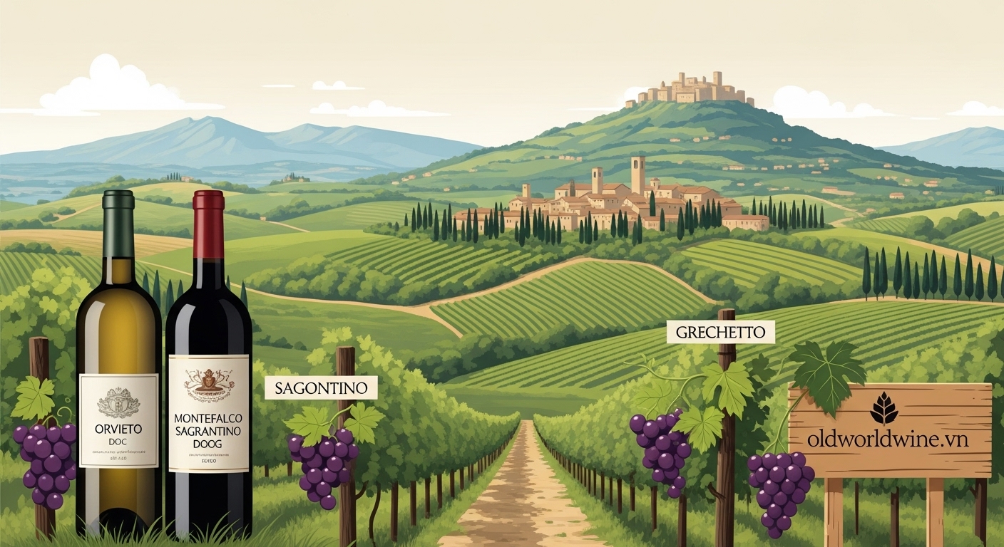 Minh họa vùng rượu vang Umbria – Ý với cảnh quan đồi núi xanh mướt, thị trấn cổ và các chai vang Orvieto DOC, Montefalco Sagrantino DOCG