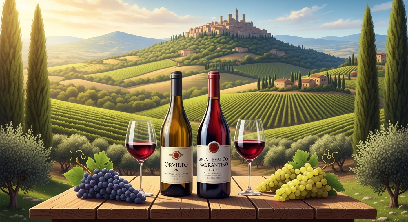 Hình minh họa vùng rượu vang Umbria với đồi nho, thị trấn cổ Orvieto và hai loại vang đặc trưng: Orvieto DOC và Montefalco Sagrantino DOCG.