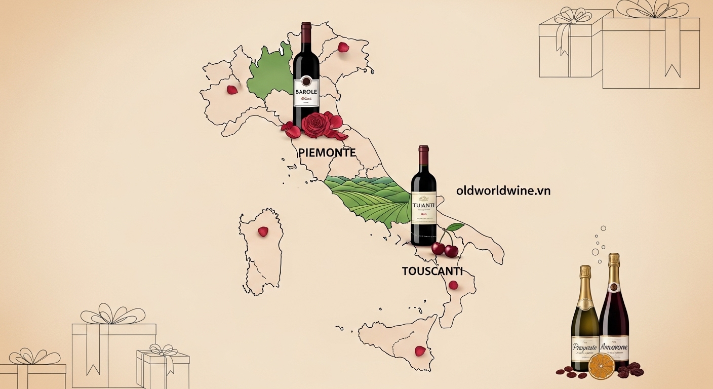 Minh họa bản đồ nước Ý với các vùng rượu vang nổi bật: Piemonte, Tuscany và Veneto – đại diện cho sự đa dạng và cá tính của rượu vang Ý, lý tưởng làm quà tặng sang trọng.