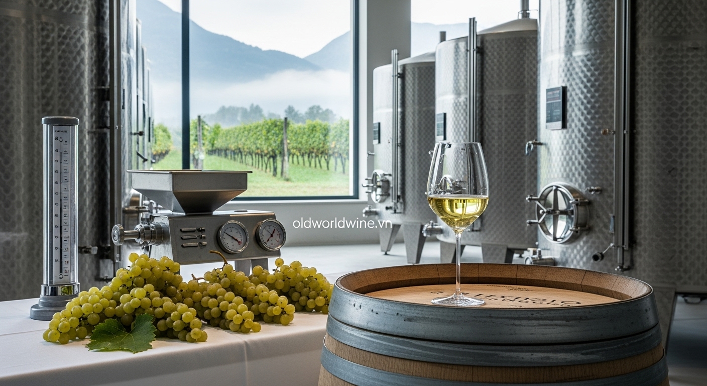 Nhà máy rượu hiện đại ở vùng Friuli với thùng thép inox, ly vang trắng và nho tươi bên máy ép khí nén