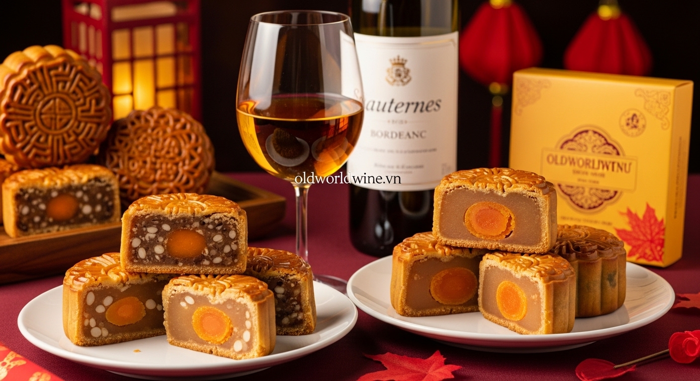 Hình ảnh bánh trung thu nhân thập cẩm hoặc đậu xanh kết hợp với ly Sauternes vàng óng từ Bordeaux, bố cục sang trọng đậm chất lễ hội với watermark oldworldwine.vn tinh tế.