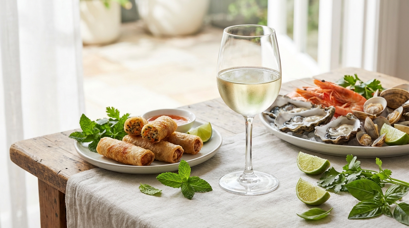 Sauvignon Blanc ghép với hải sản và chả giò theo nguyên tắc wine pairing