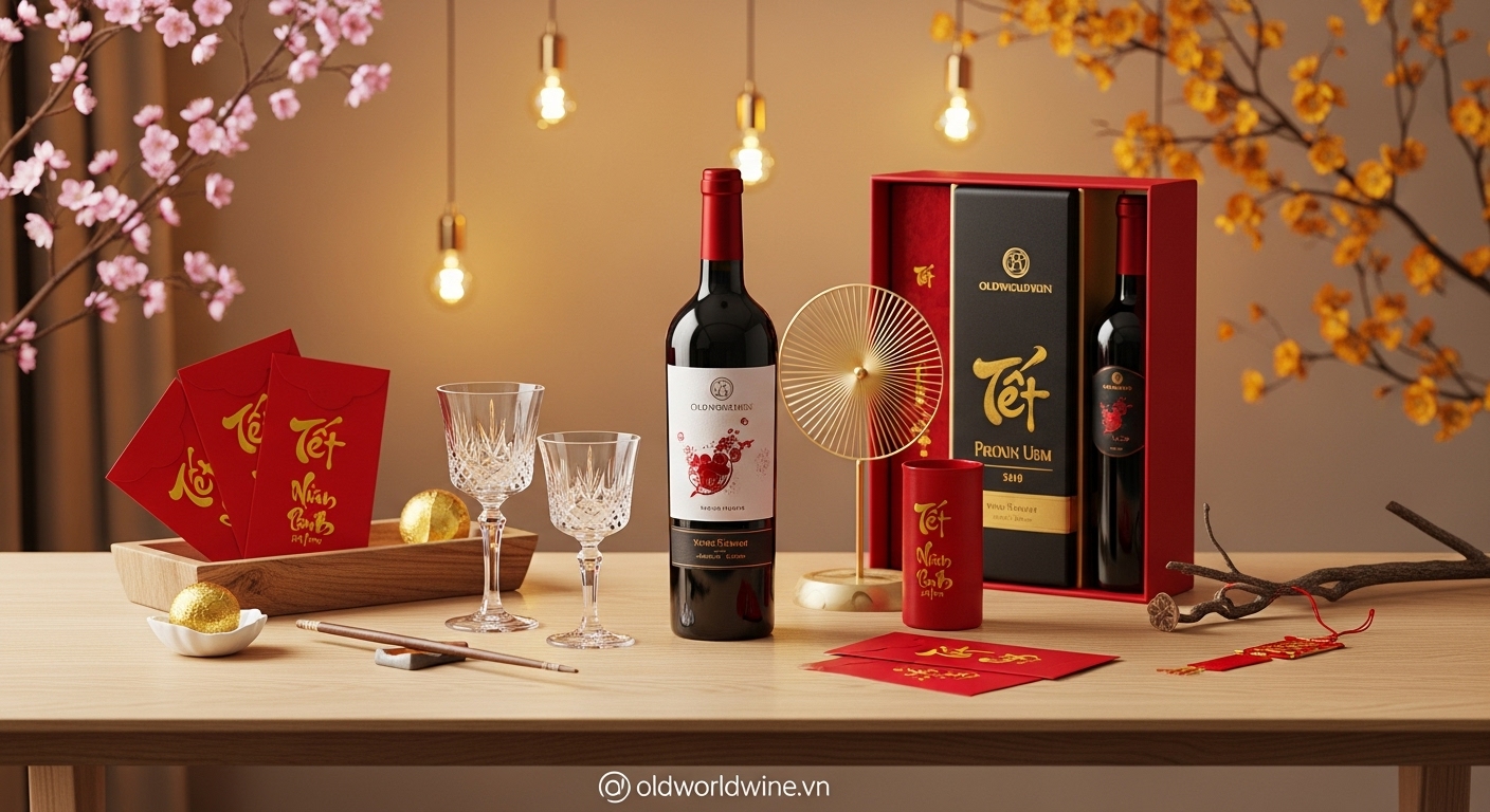 Set quà Tết rượu vang cao cấp với ly pha lê và hoa mai, phong cách hiện đại, sang trọng