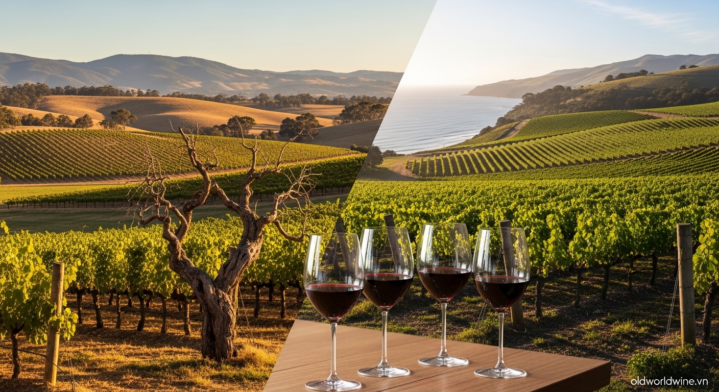 Phong cảnh vườn nho Barossa Valley và McLaren Vale với ly Shiraz Úc đậm đà