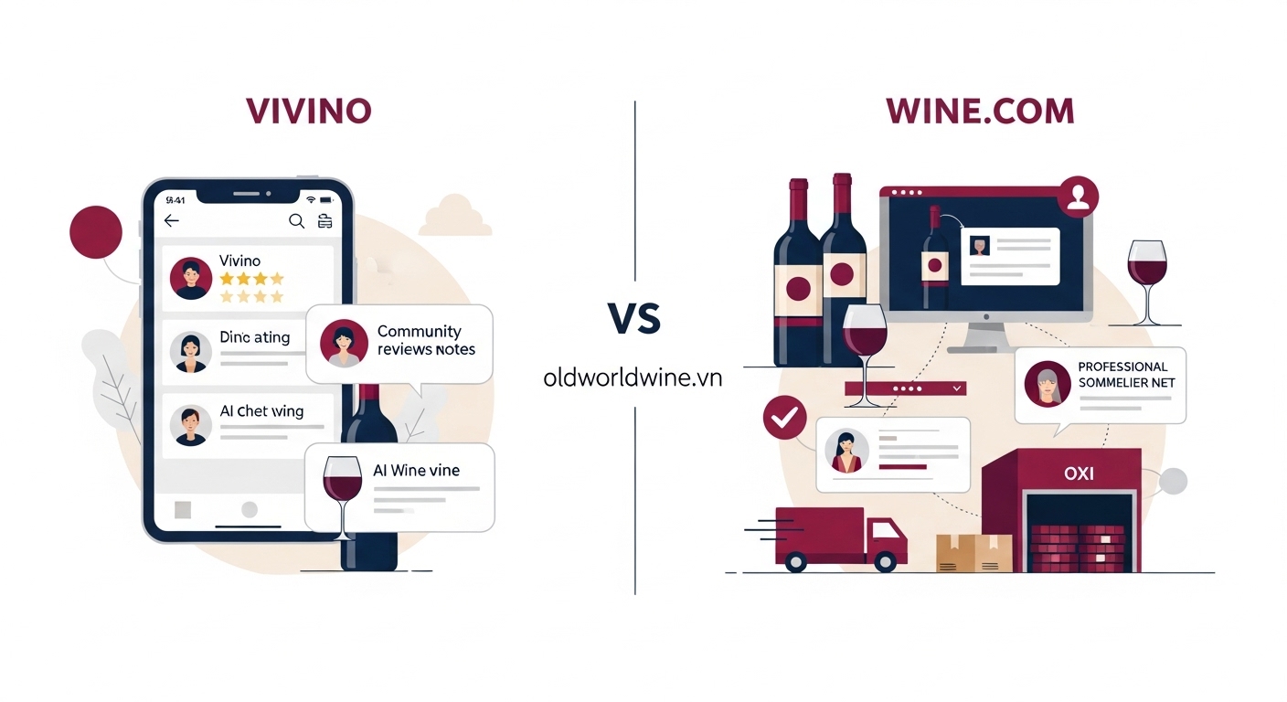 Hình minh họa so sánh mô hình kinh doanh trực tuyến giữa Vivino và Wine.com trong ngành rượu vang