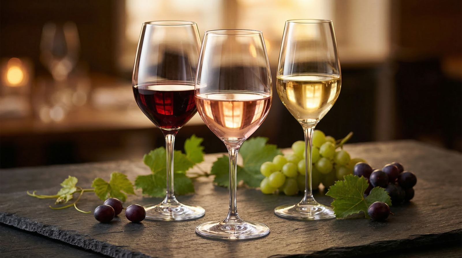 So sánh ba loại rượu vang đỏ, trắng và hồng trong ly thủy tinh để người mới dễ nhận biết màu sắc và lựa chọn phù hợp