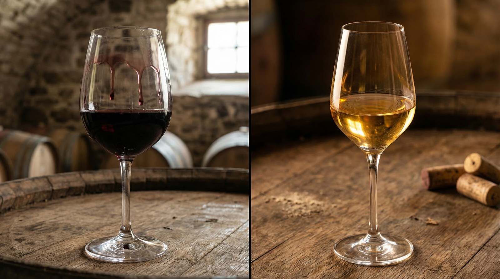 Hình ảnh so sánh trực quan màu sắc ly rượu vang đỏ chát đậm và ly rượu vang trắng ngọt ánh vàng kim tại OldWorldWine.vn.